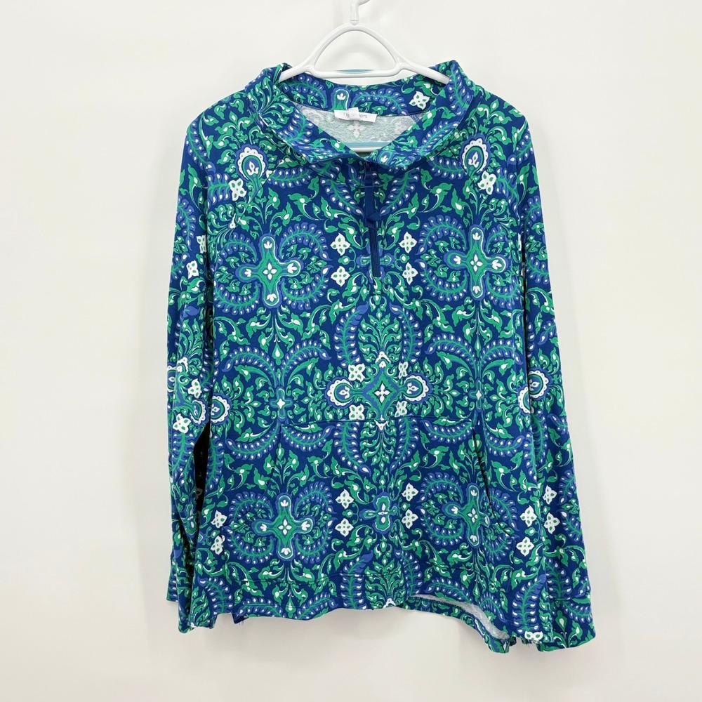 T by Talbots Plus Size 3X Paisley Quarter Zip Pullover Blue Green Damask Top